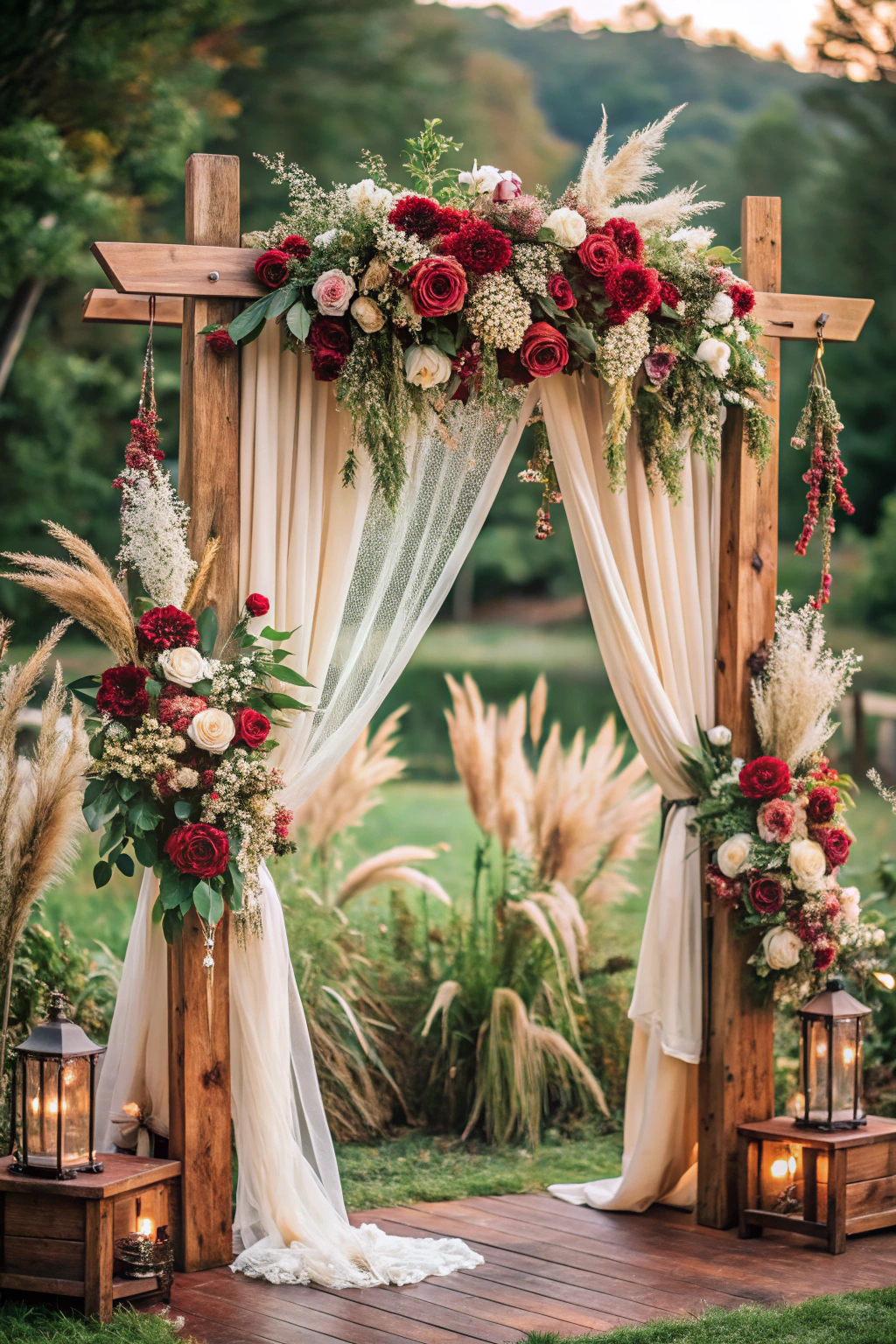 Outdoor wedding arch adorned with roses and drapes