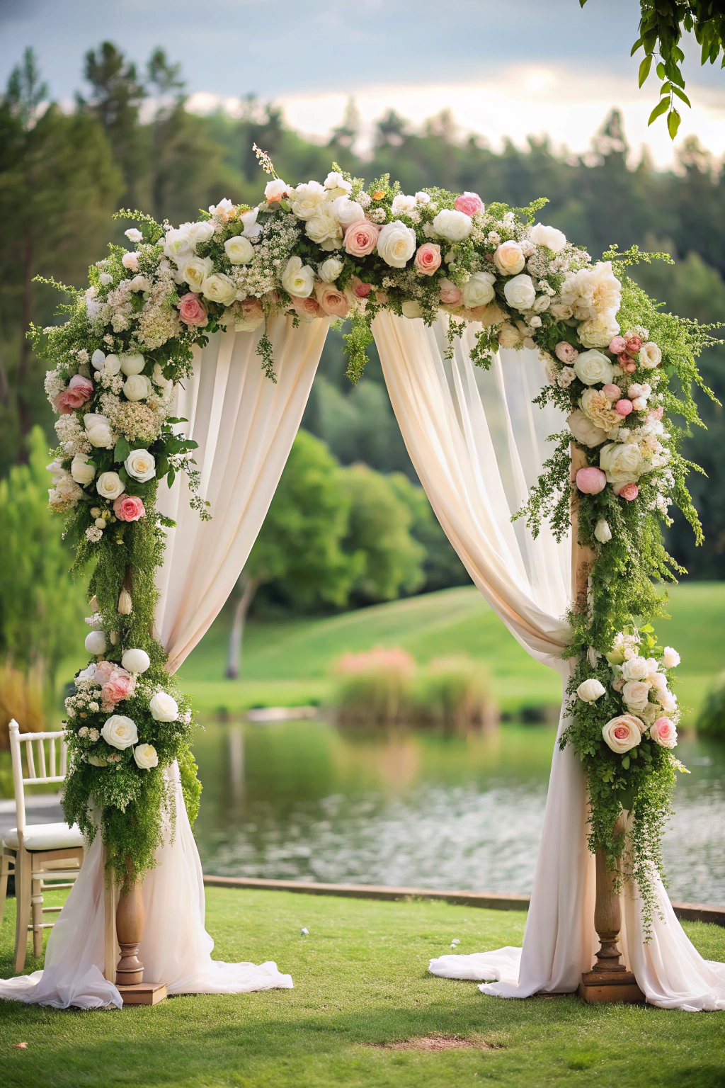 Elegant floral wedding arch by a serene lakeside