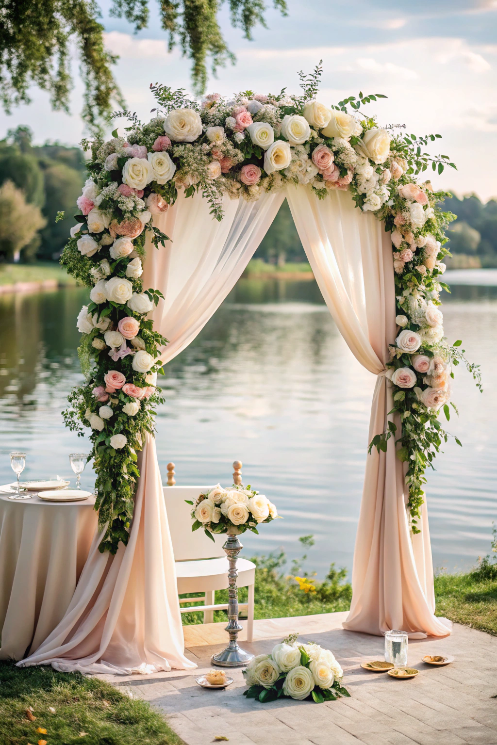 Wedding arch with flowers and drapes by a lakeside