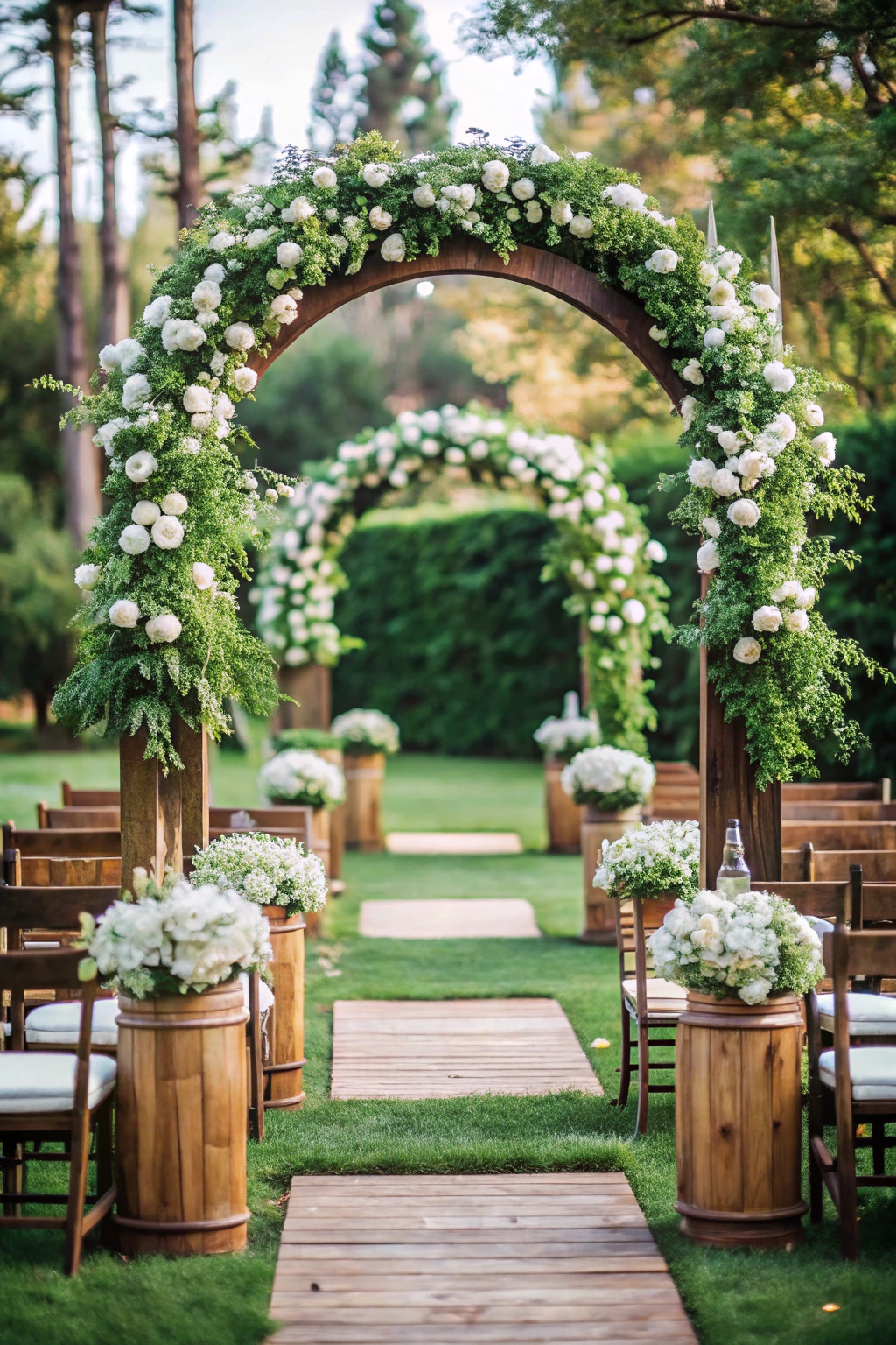 Wooden arches adorned with white flowers in a garden setting