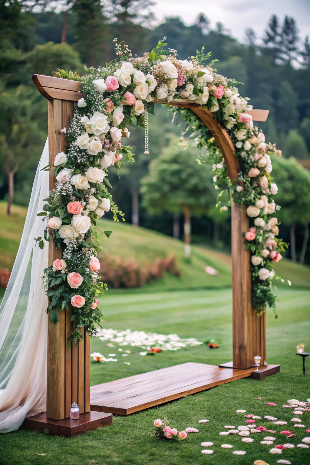 Wooden arch adorned with pink and white flowers on a grassy field