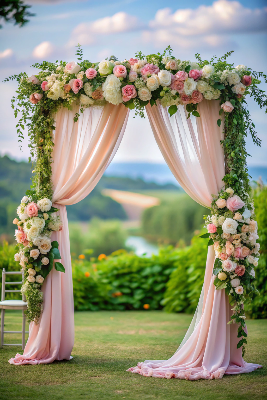 Wedding arch adorned with pink and white roses