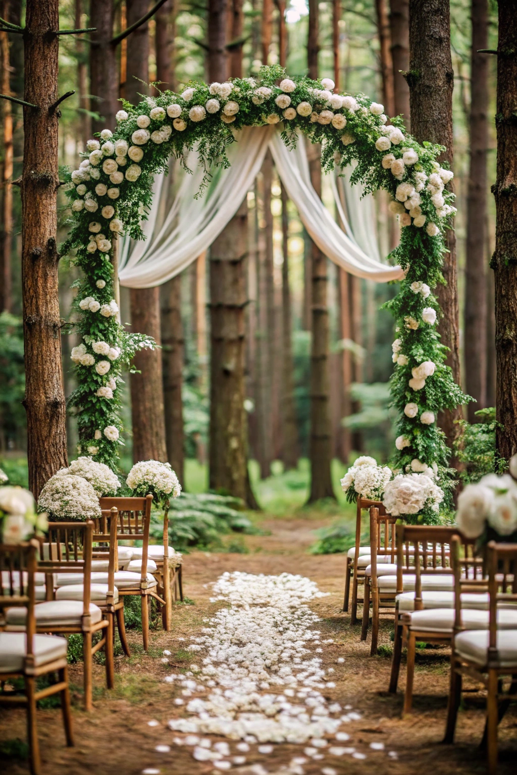 Rustic arch adorned with white flowers in a forest setting