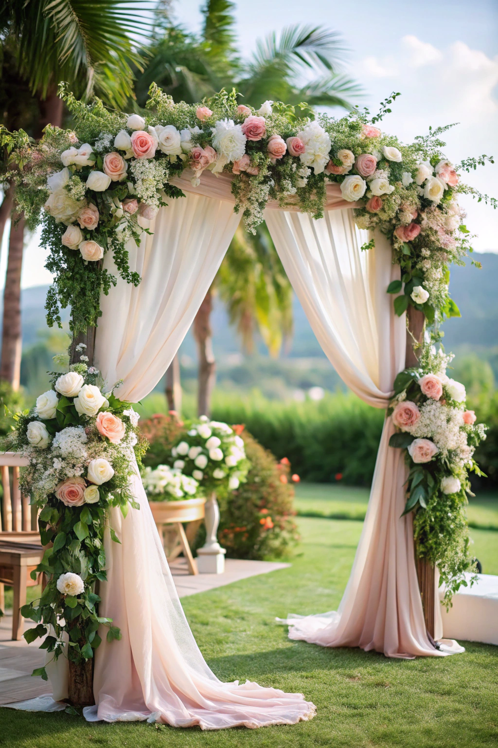 Floral arch with draped fabric on a sunny day