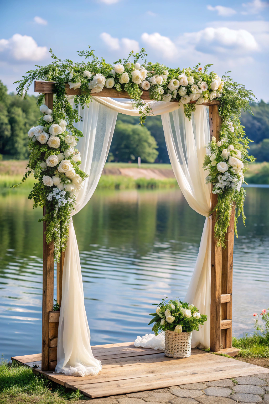 Wooden arch with white flowers by a lake