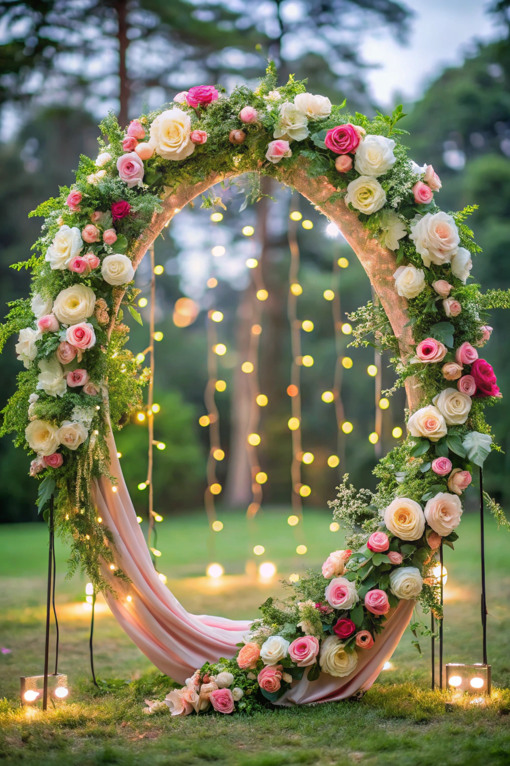 Floral arch with lights on grass