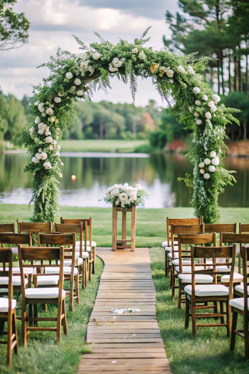 Wedding arch adorned with white flowers and greenery by a lake