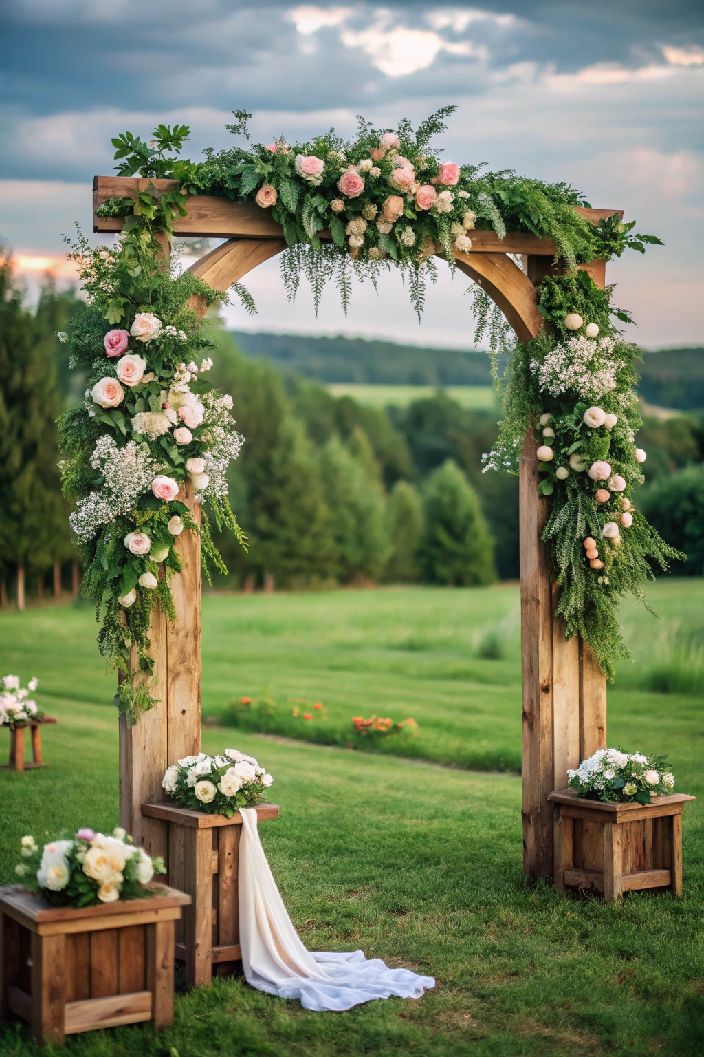 Wooden arch adorned with pink and white flowers in a lush green setting