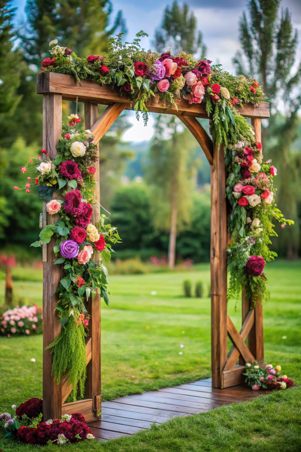 Vibrant floral arch with lush greenery on a grassy field