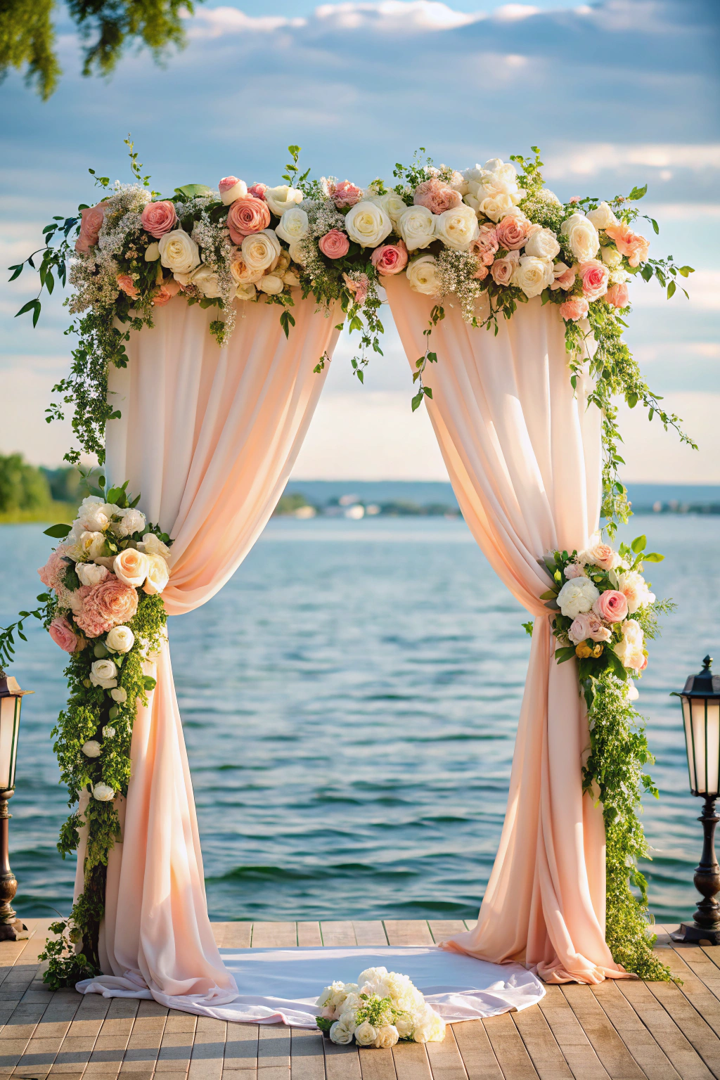 Elegant wedding arch adorned with pink and white roses by a lakeside