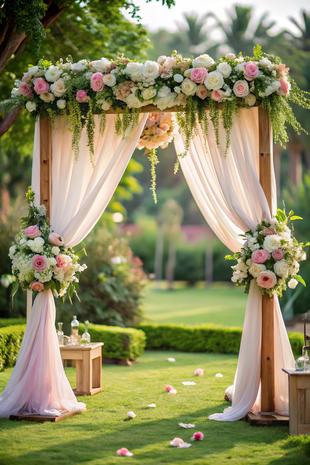 Floral wedding arch with draped fabric