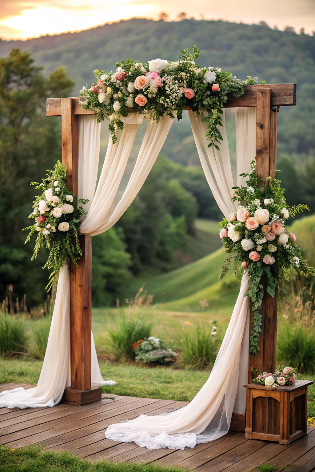 Wooden arch draped with ivory fabric and adorned with roses