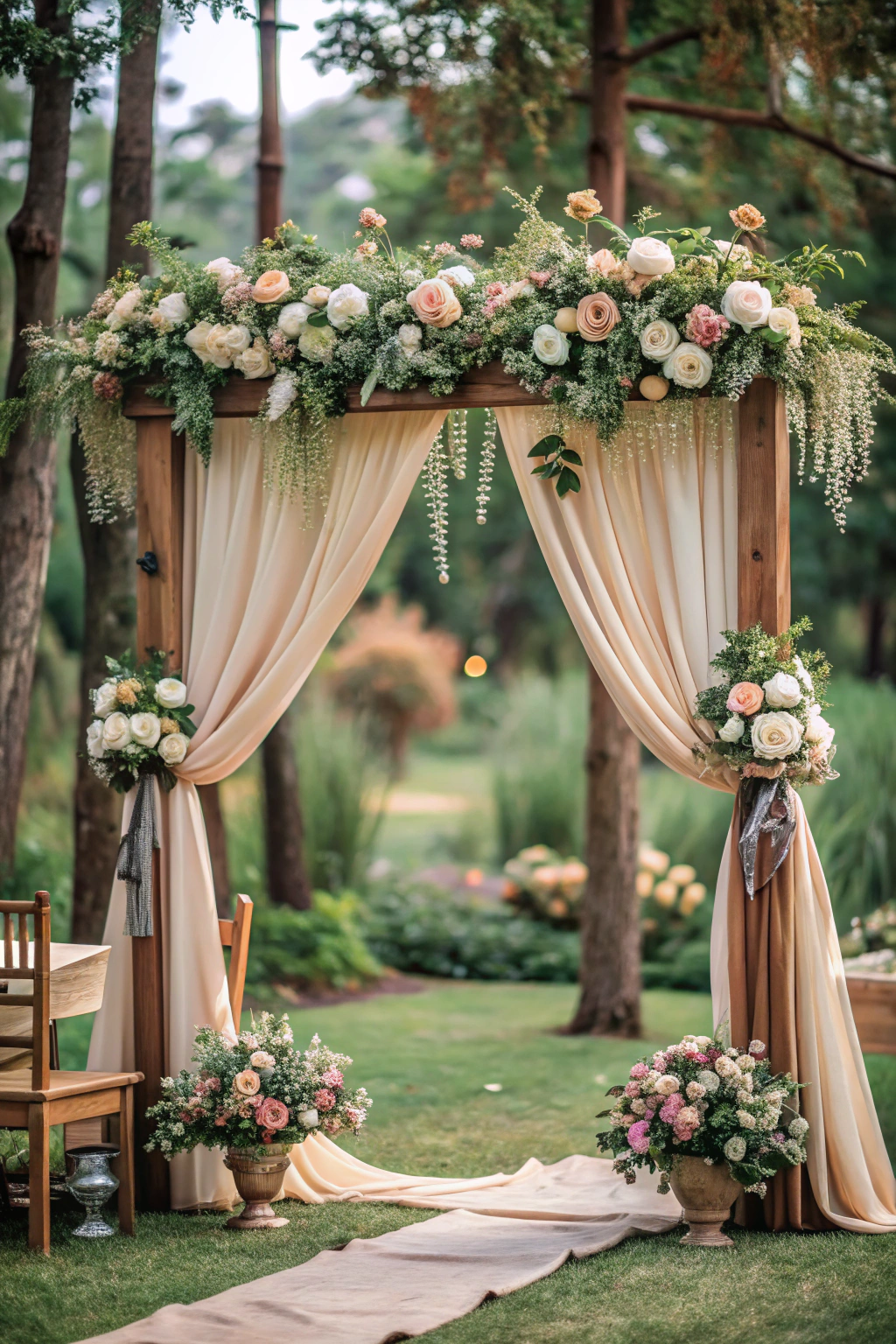 Floral arch adorned with soft drapes and blossoms