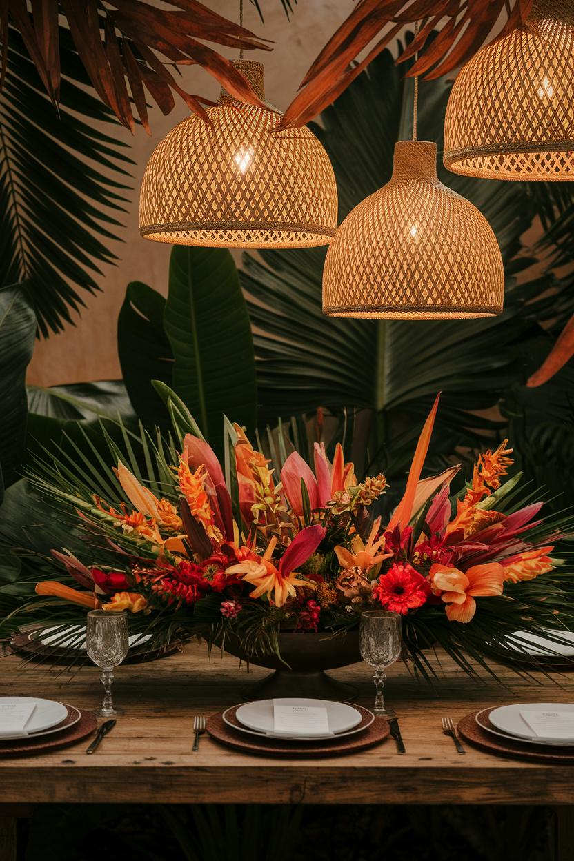 Vibrant tropical centerpiece with bamboo lights