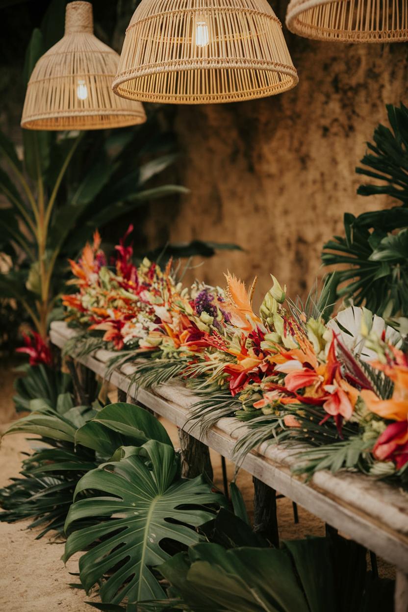 Vibrant tropical flowers adorn a rustic table under bamboo lights