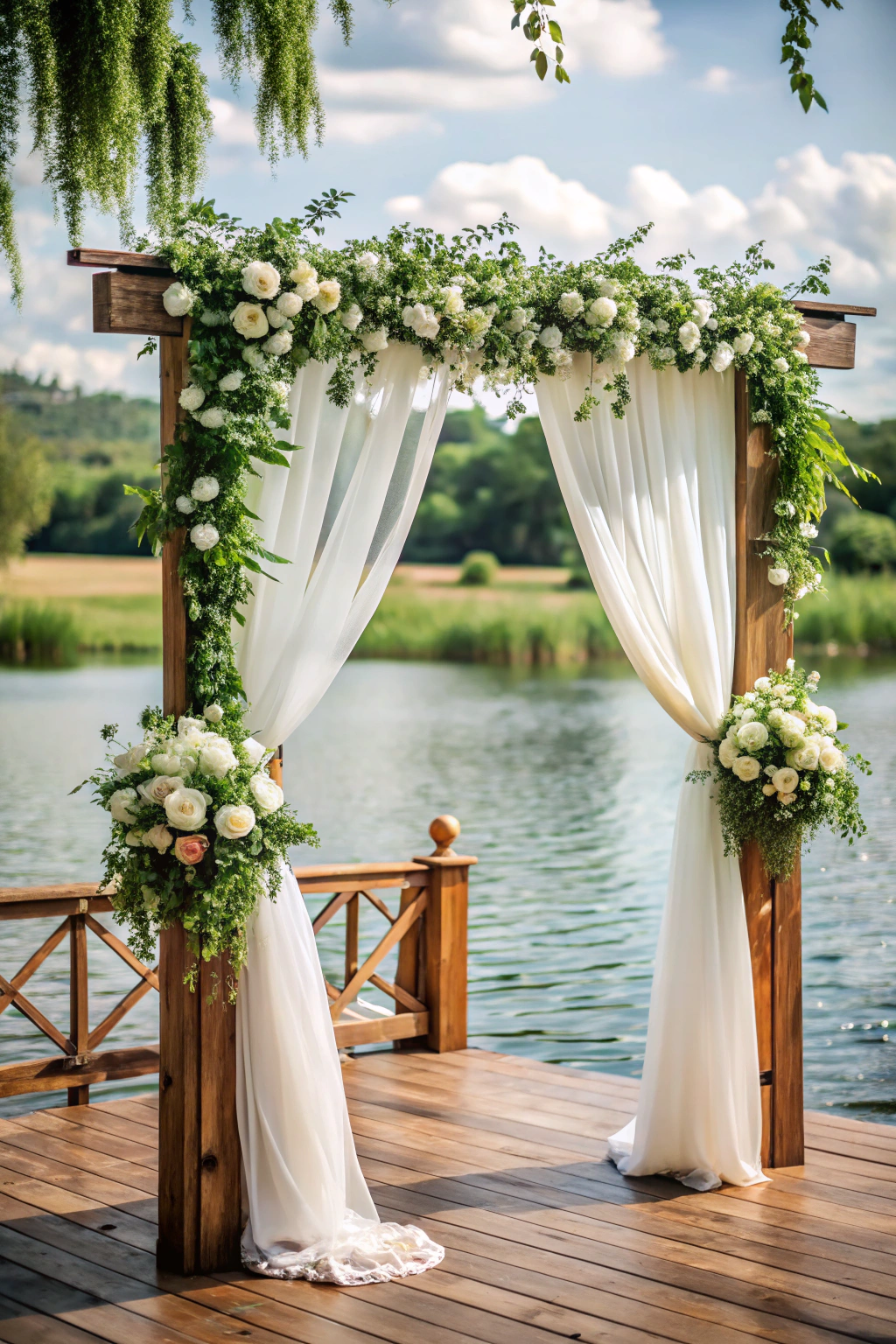 Wedding arch adorned with white flowers by the lake