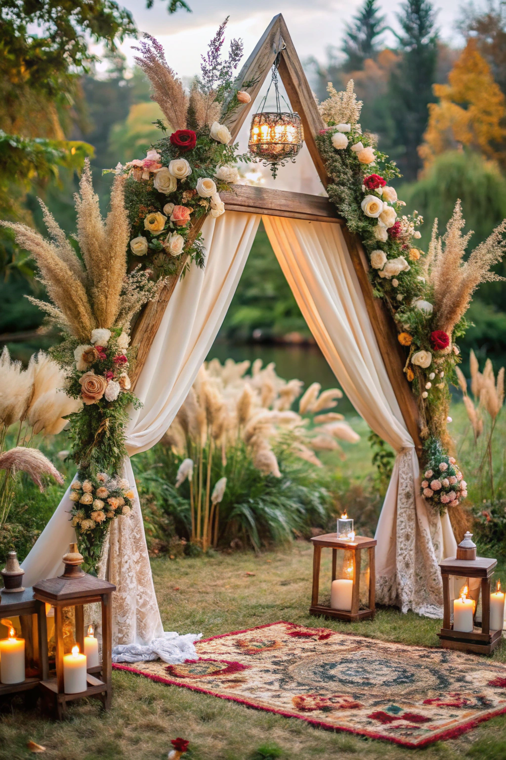 Triangular arch adorned with flowers and pampas grass