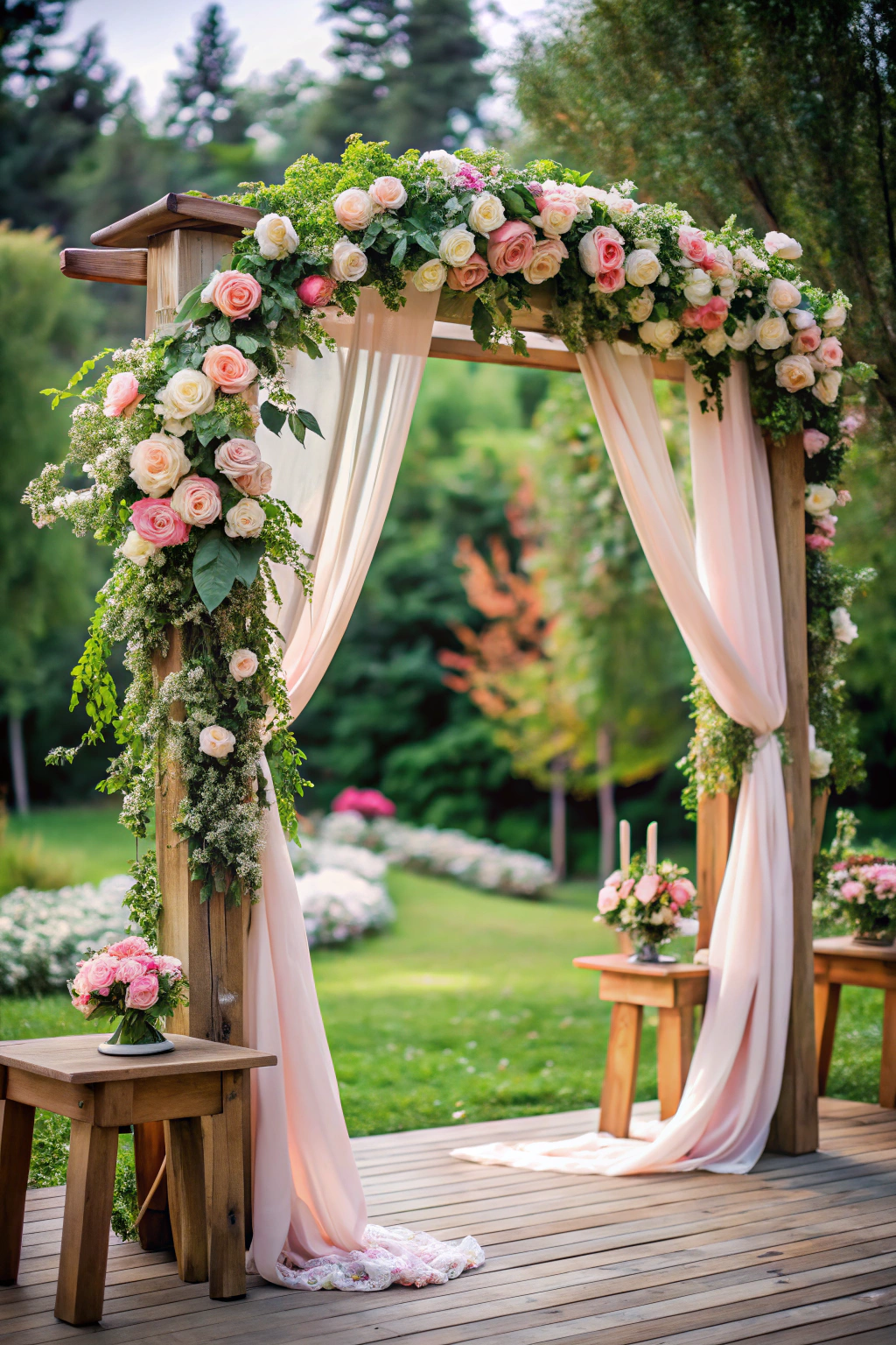 Floral wedding arch with draped fabric