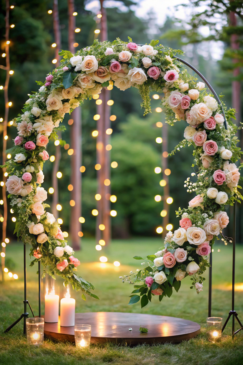 Floral arch adorned with lights and candles