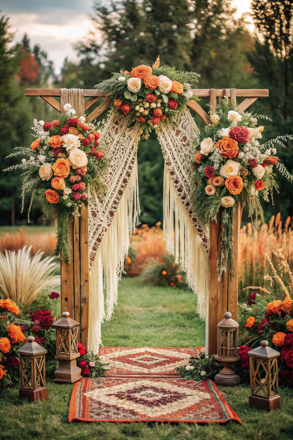 Wooden arch adorned with orange and cream flowers