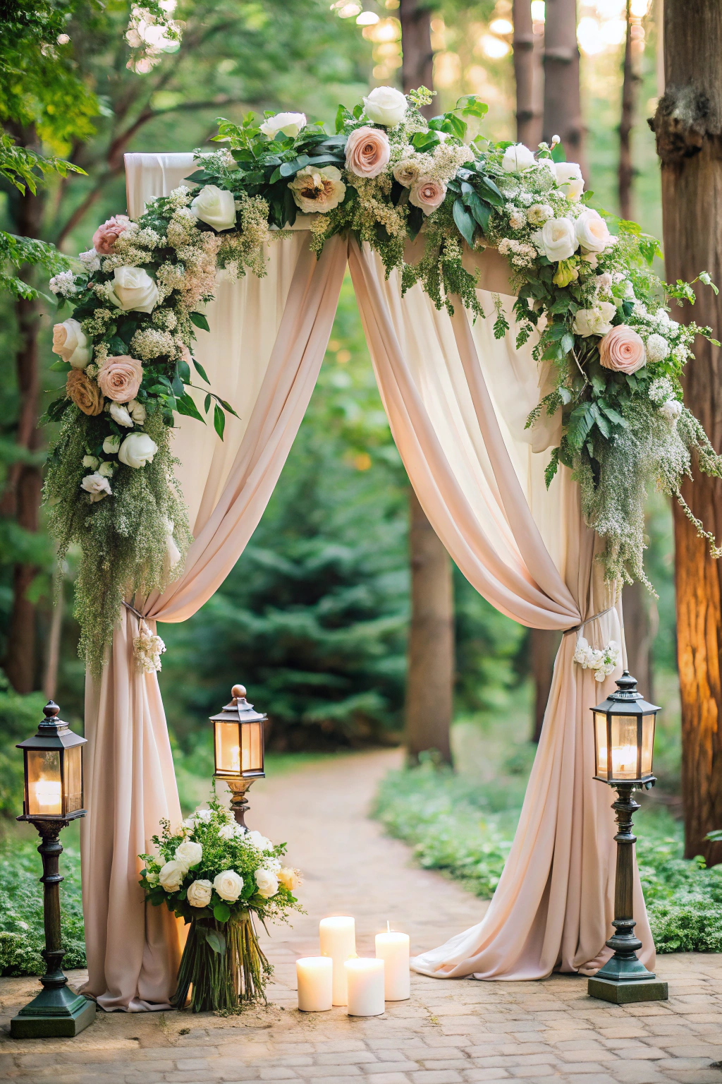 Floral arch with drapery and candles