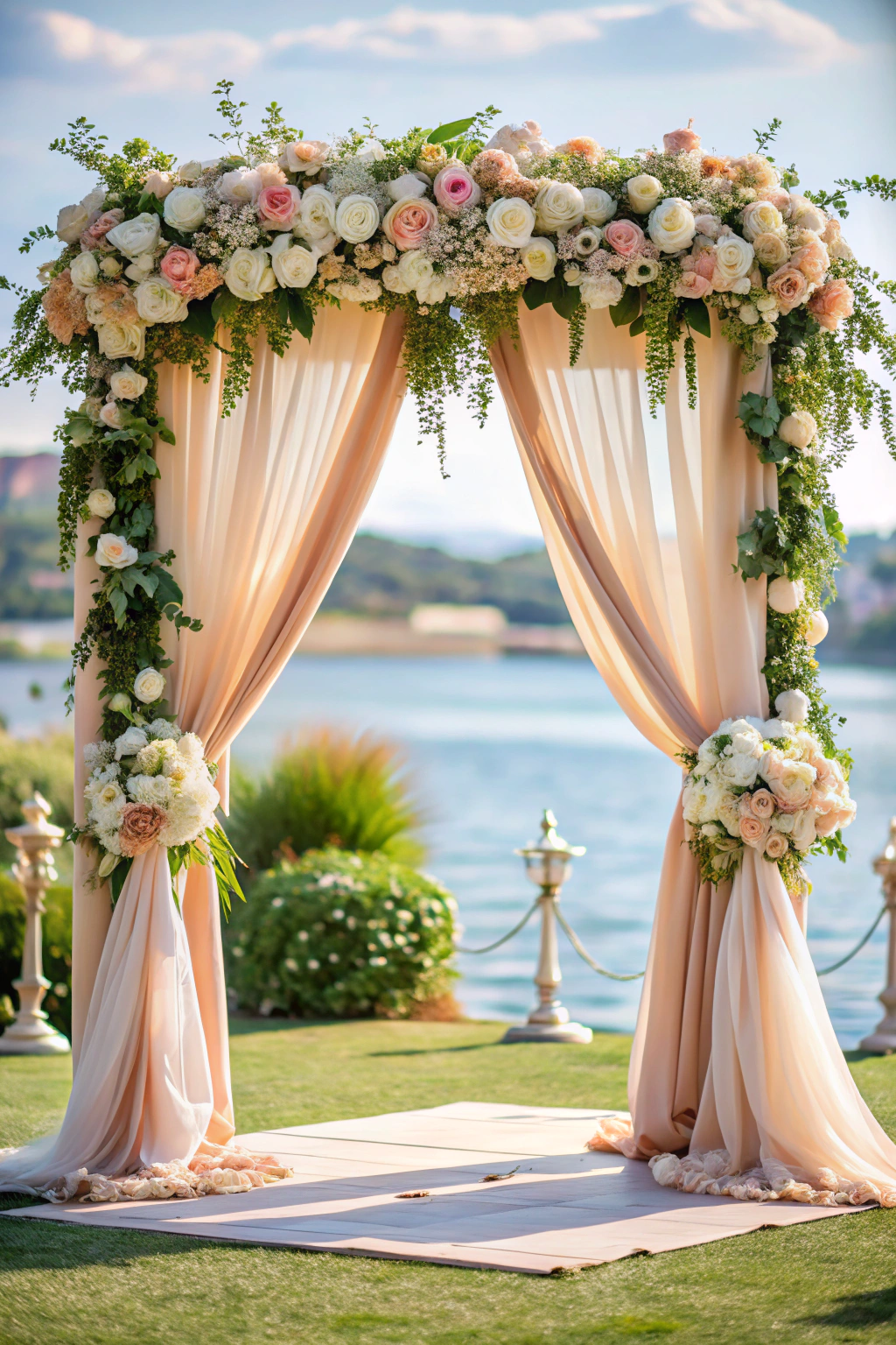 Floral arch with draping by the lakeside