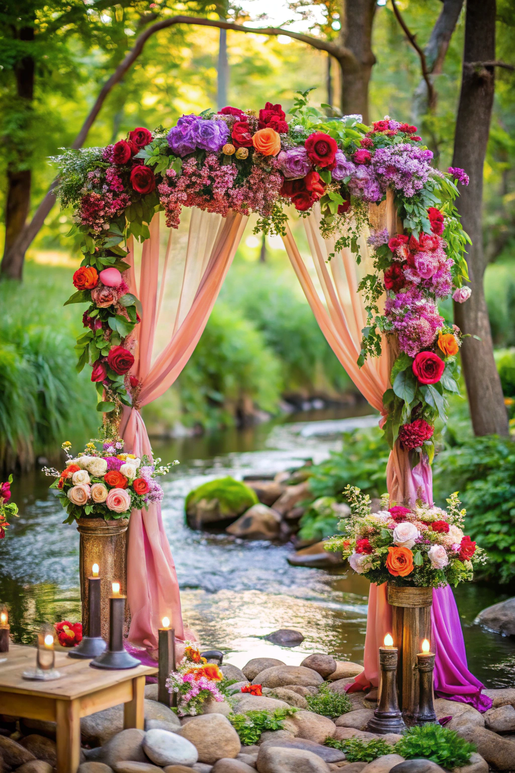 Floral arch adorned with vibrant roses beside a tranquil stream