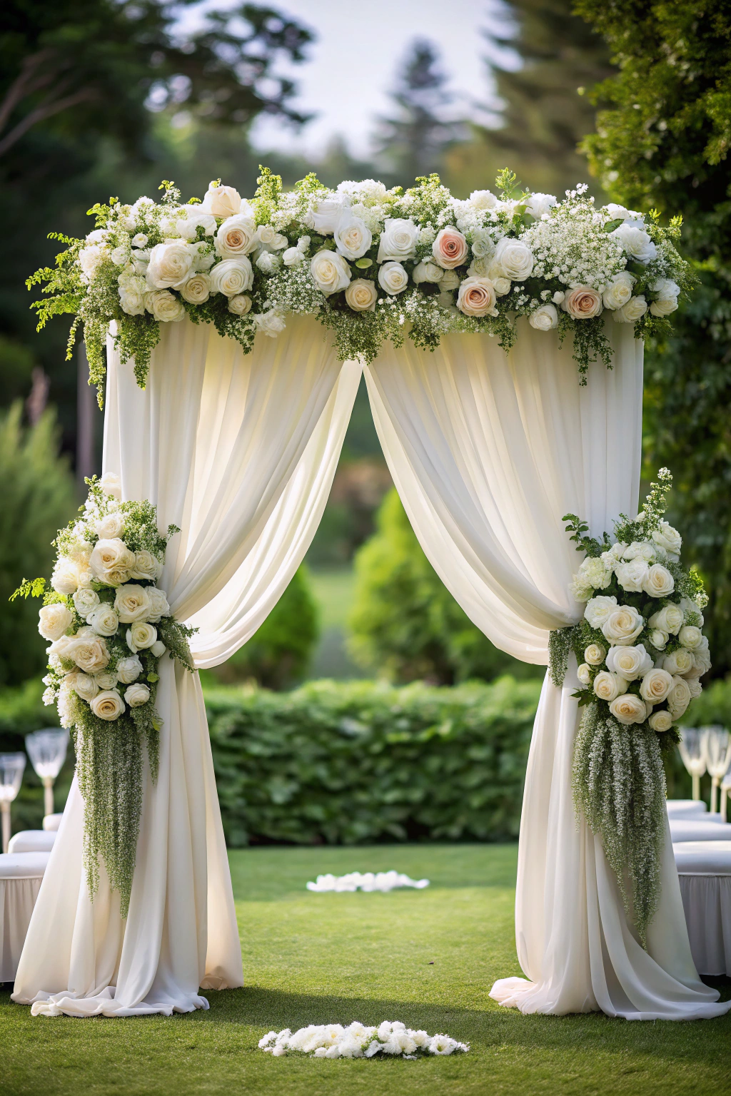 Elegant wedding arch adorned with white and blush roses