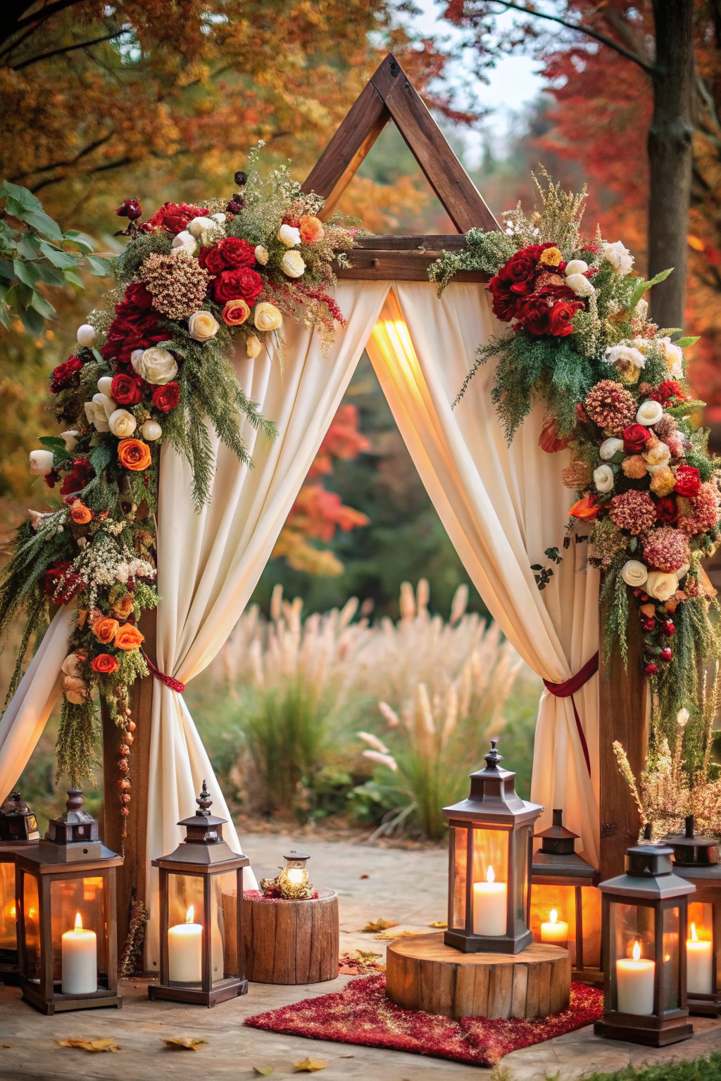 Wooden arch adorned with red and white flowers, surrounded by lanterns