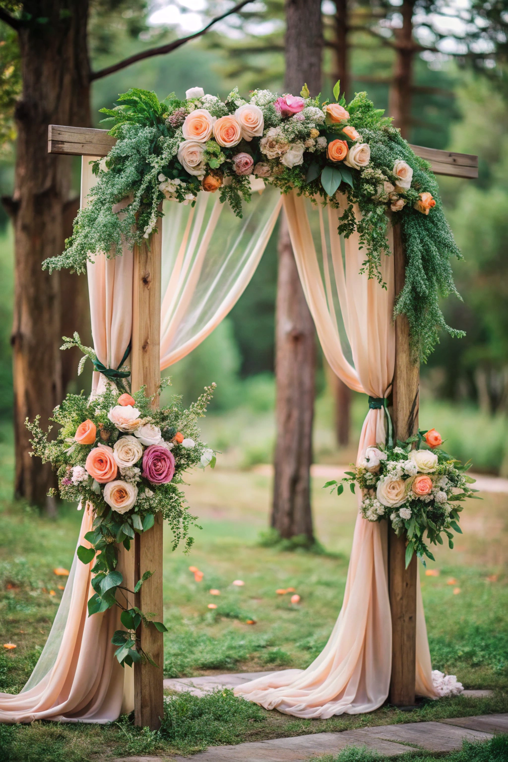 Charming wooden wedding arch with floral decorations