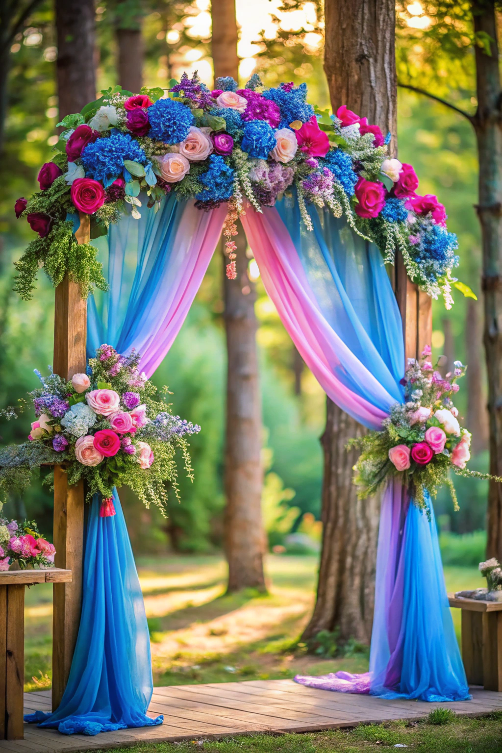 The wedding decor is an enchanting outdoor setup featuring a rustic wooden arch adorned with elegant drapery in gradient shades of blue and pink