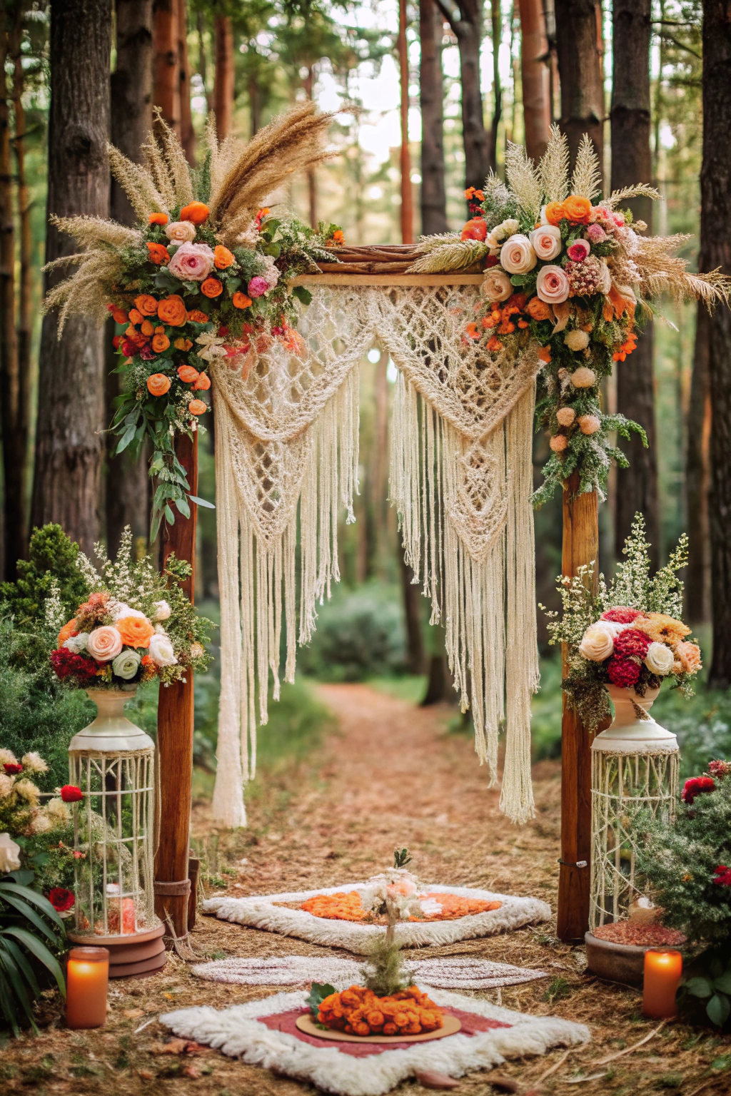 Rustic wedding arch adorned with vibrant flowers and macramé