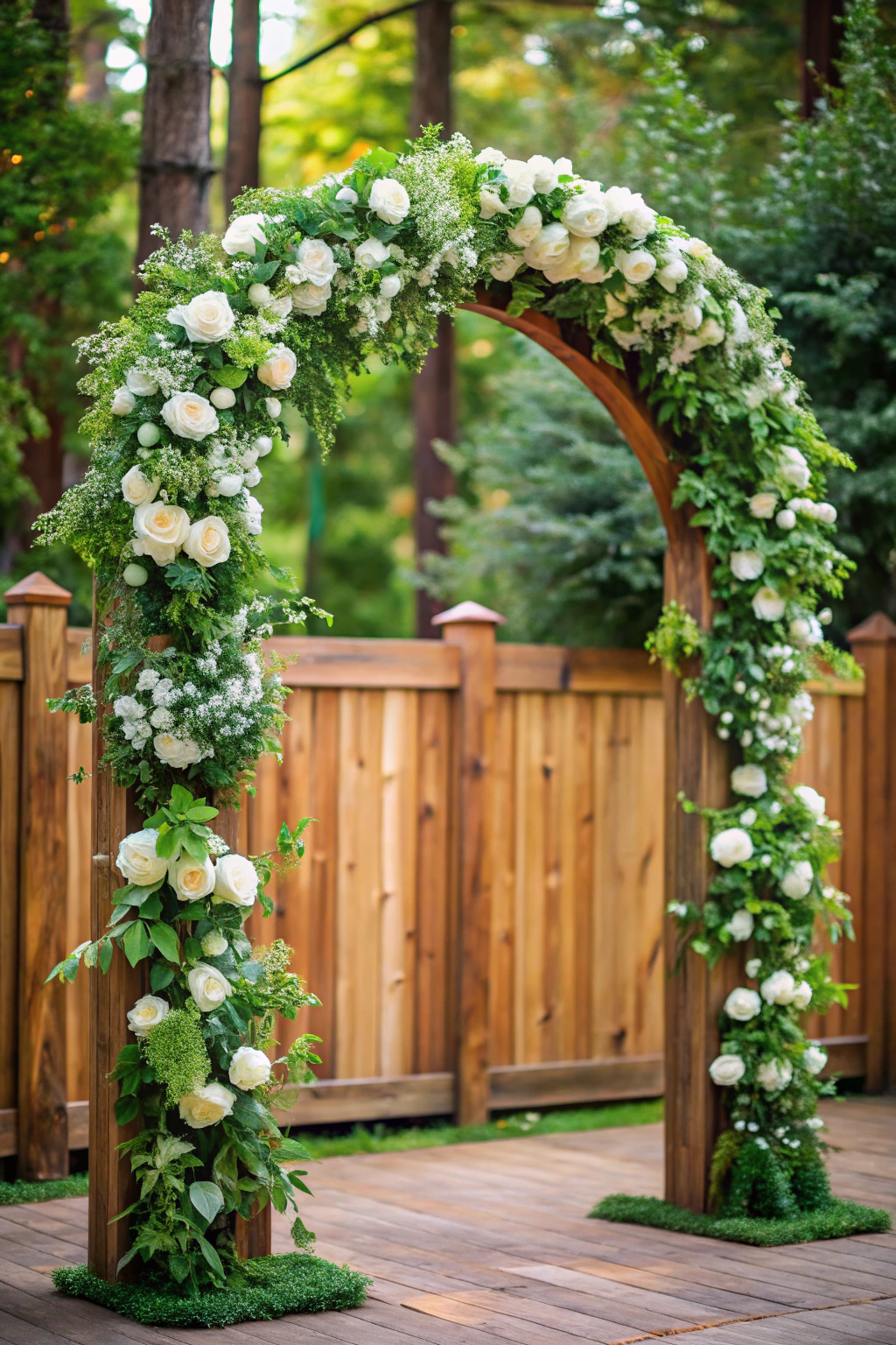 Lush wedding arch adorned with white roses and greenery