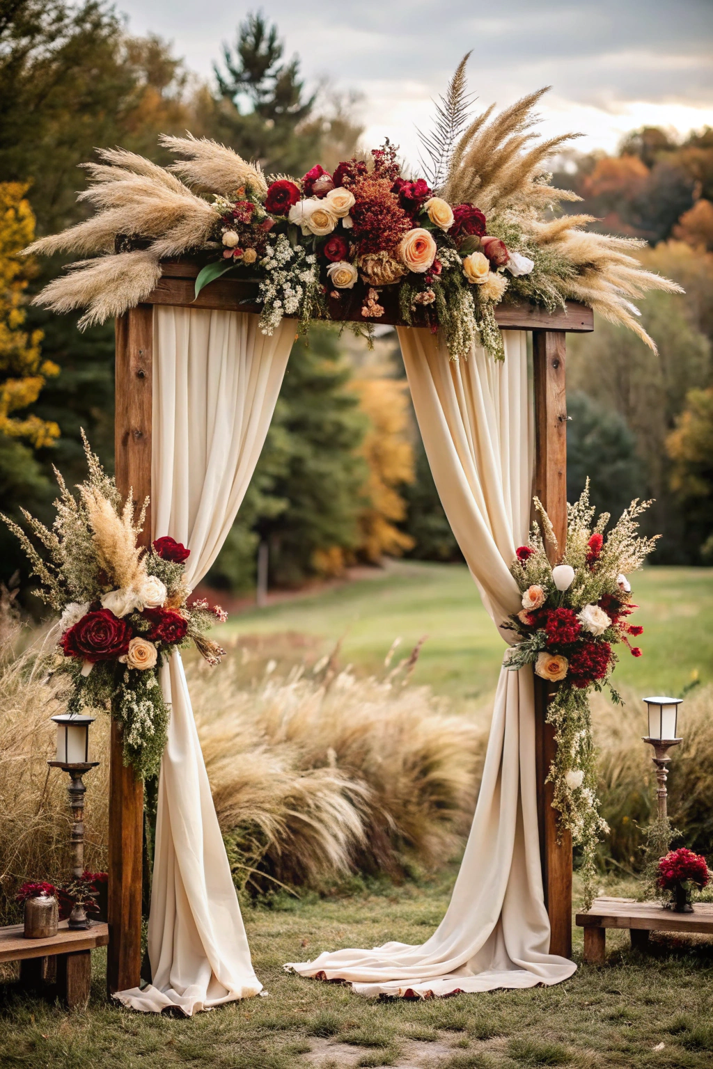 Rustic wooden arch draped with cream fabric and adorned with fall florals