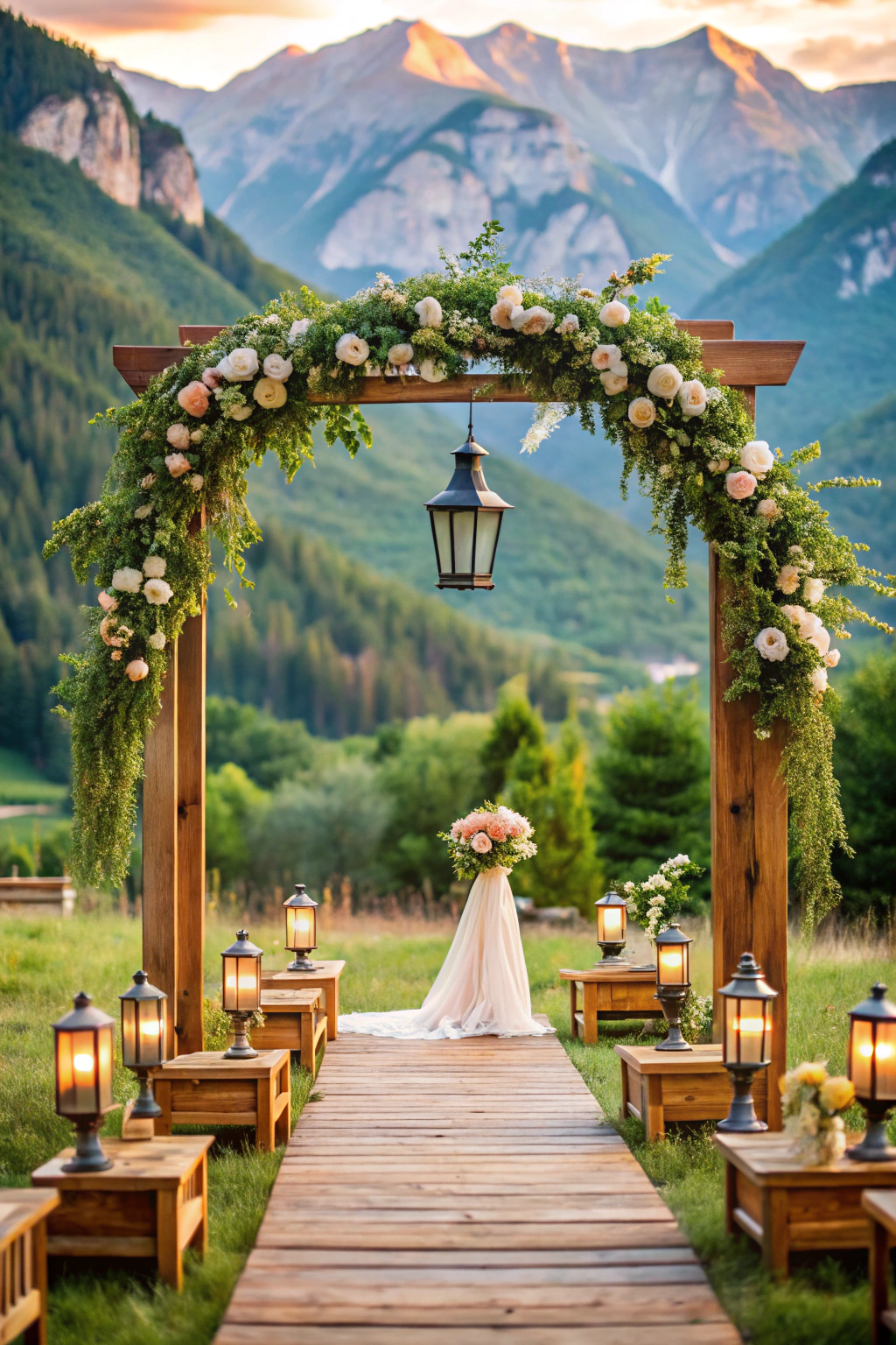 Outdoor wedding setup with a wooden arch and floral decor