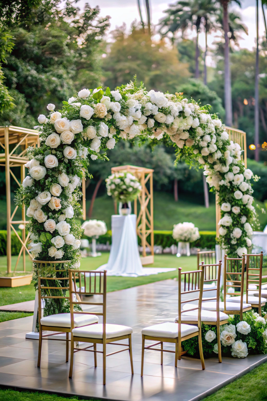 Floral arch adorned with white roses and lush greenery