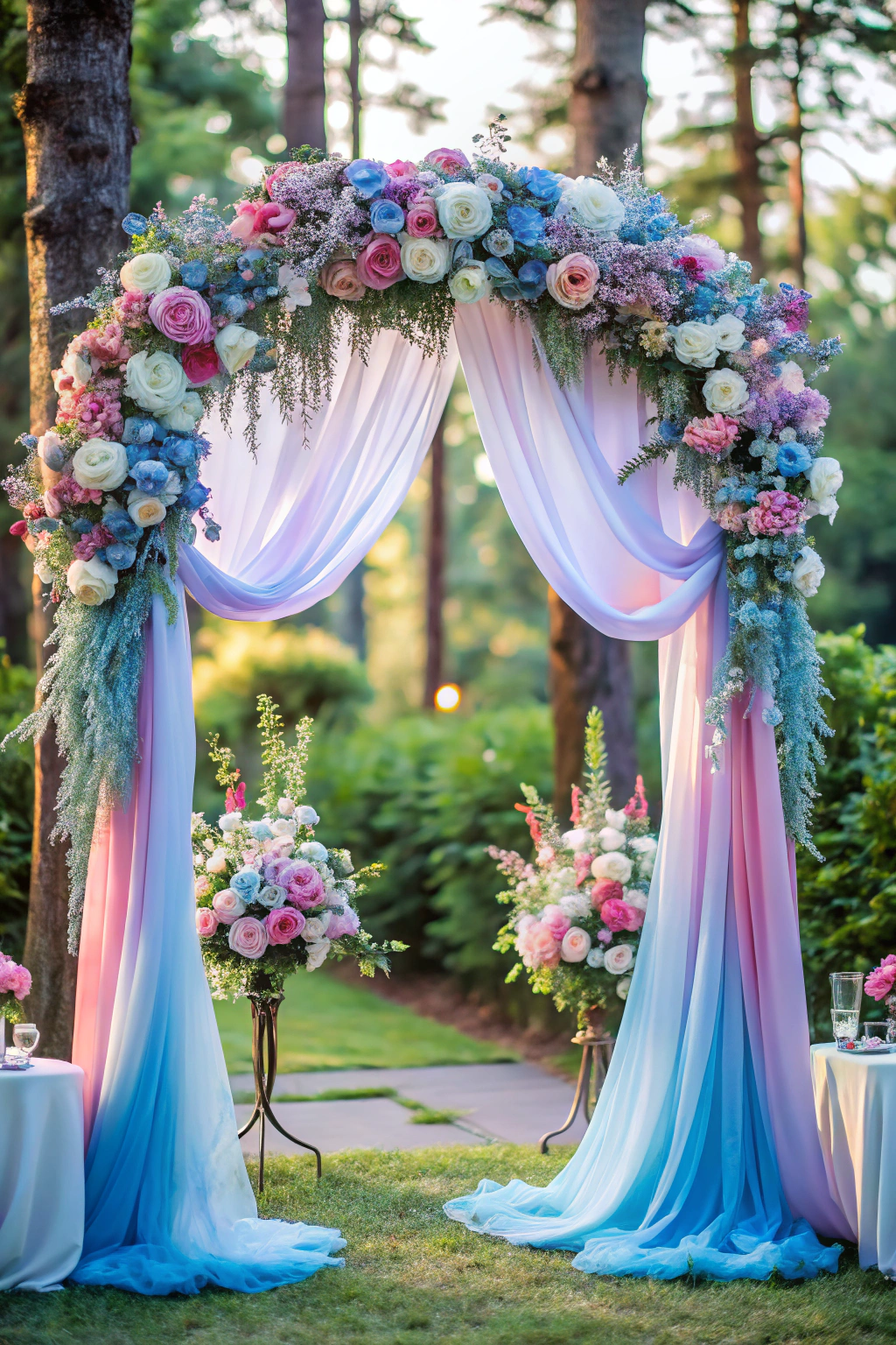 Lavish wedding arch adorned with pastel flowers and drapes