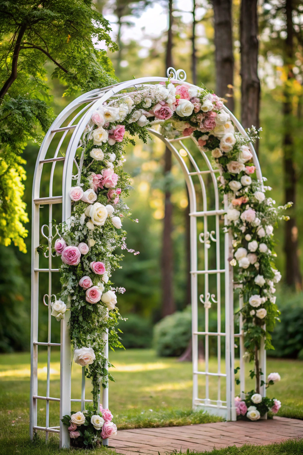 Romantic floral arch in a garden setting