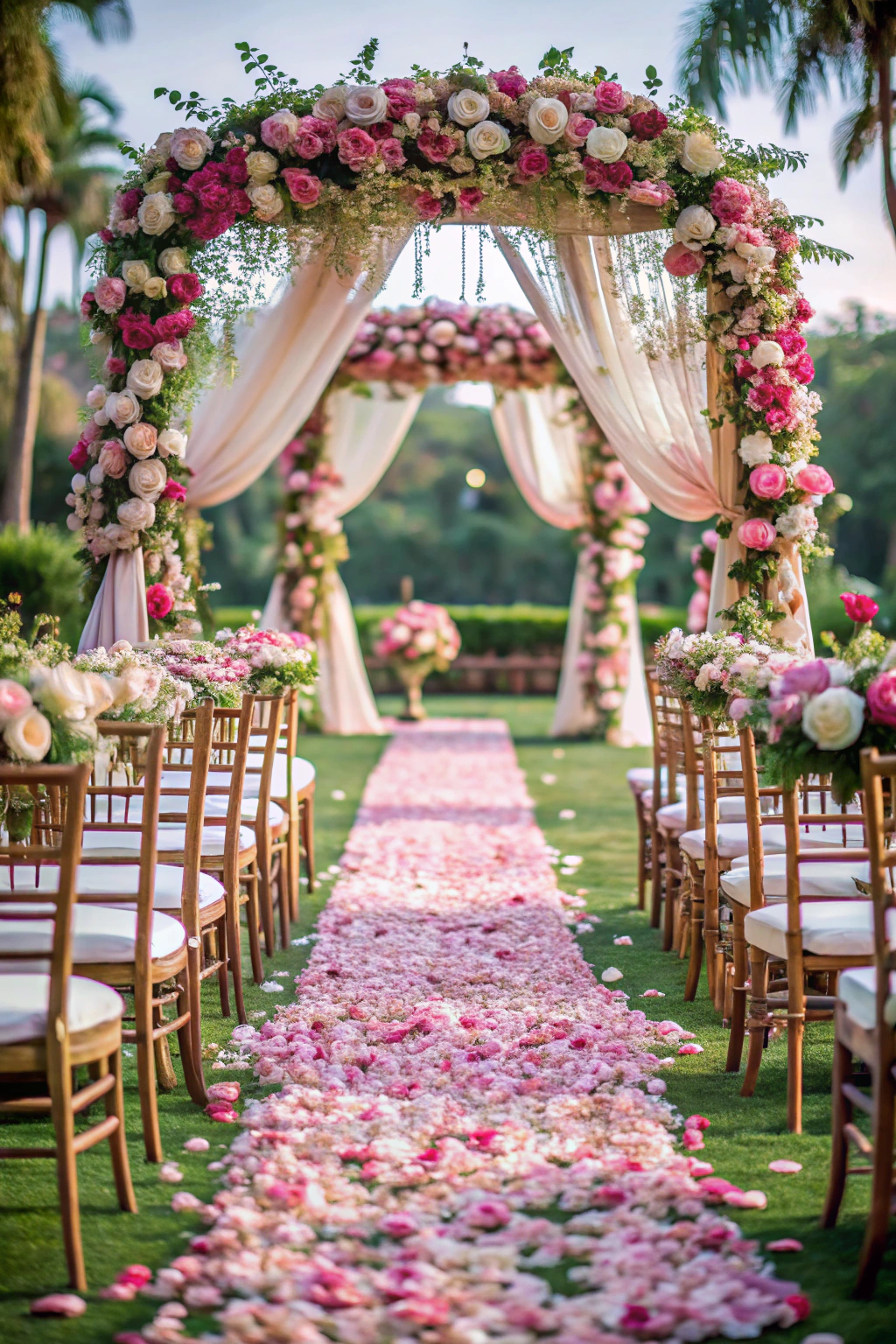 Floral arch with draped fabric and scattered petals