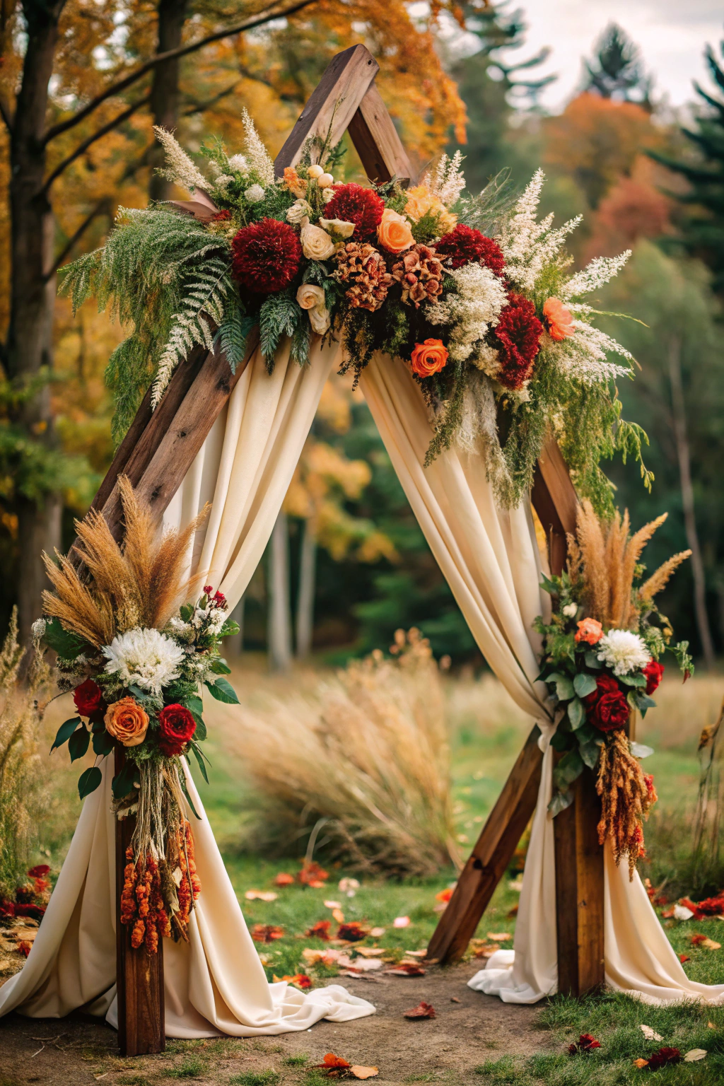 Wooden arch with autumn blooms and drapes