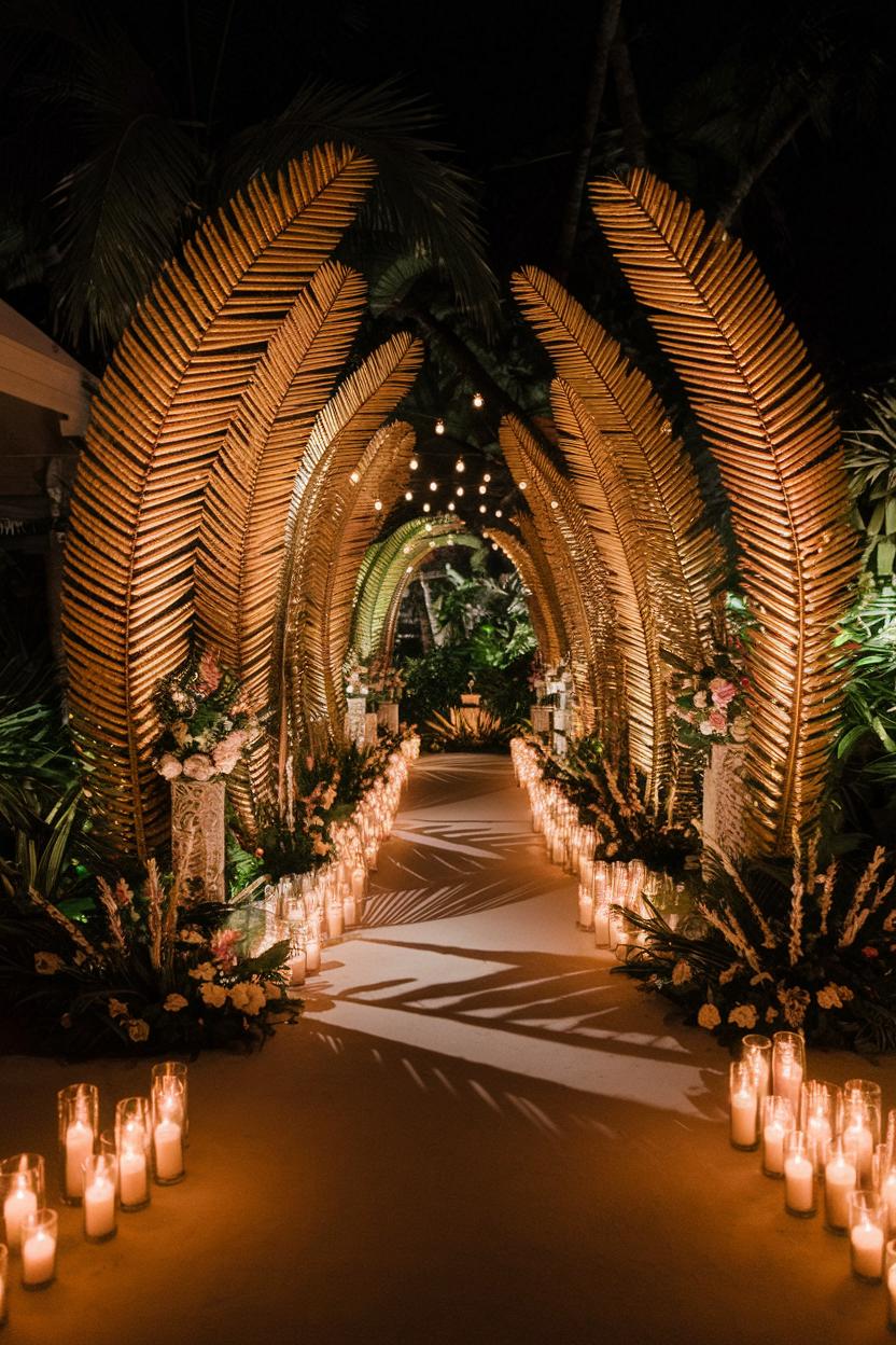 Romantic tropical aisle with golden leaves and soft candlelight