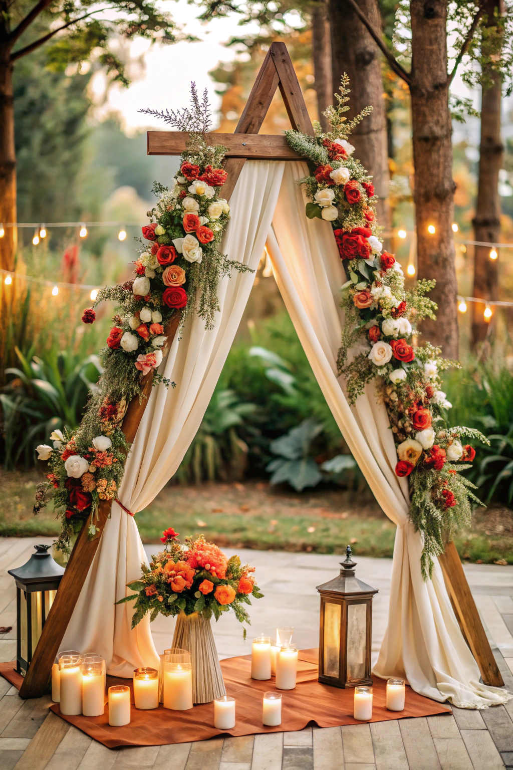 Triangular wooden arch adorned with flowers and candles