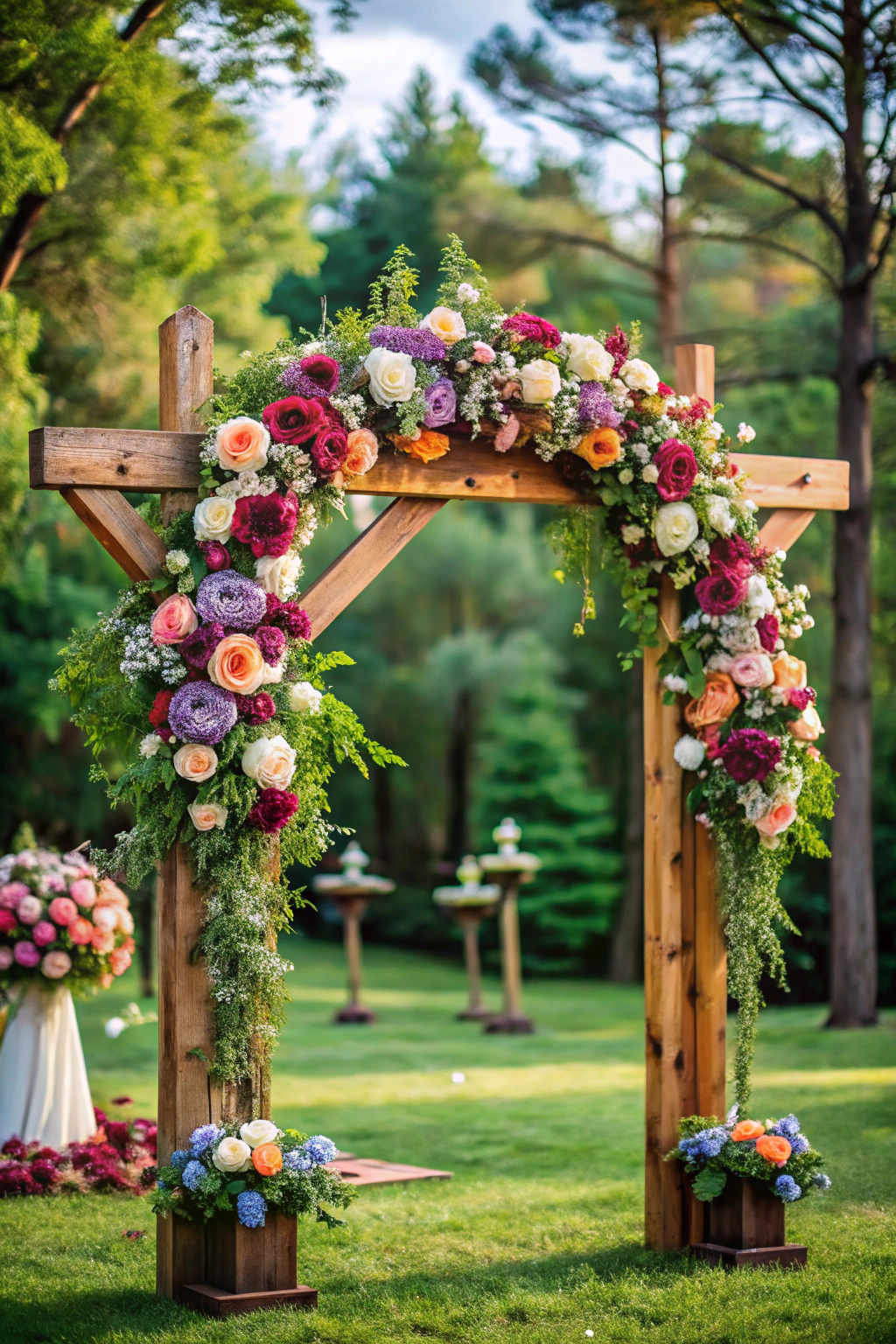 Colorful floral wedding arch in a garden setting