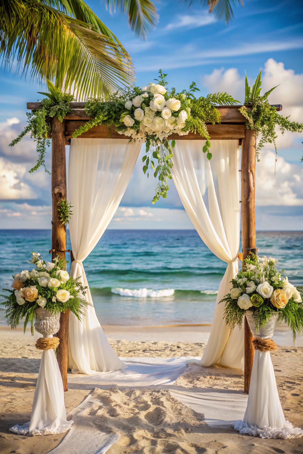 Beachfront wedding arch with white drapes and floral accents