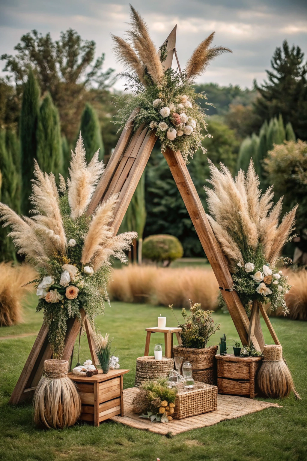 Triangle arch with pampas grass and rustic decor