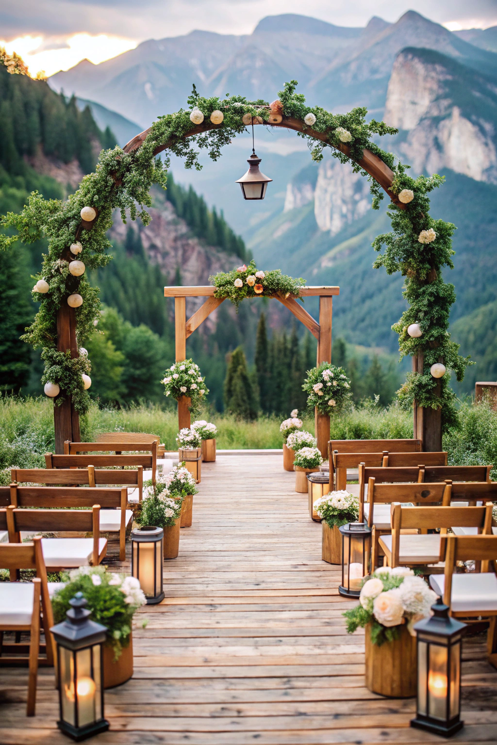 Outdoor wedding arch adorned with foliage and lanterns against a mountain backdrop