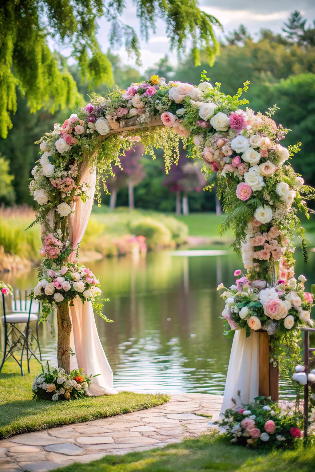 Floral arch adorned with roses by a serene lake