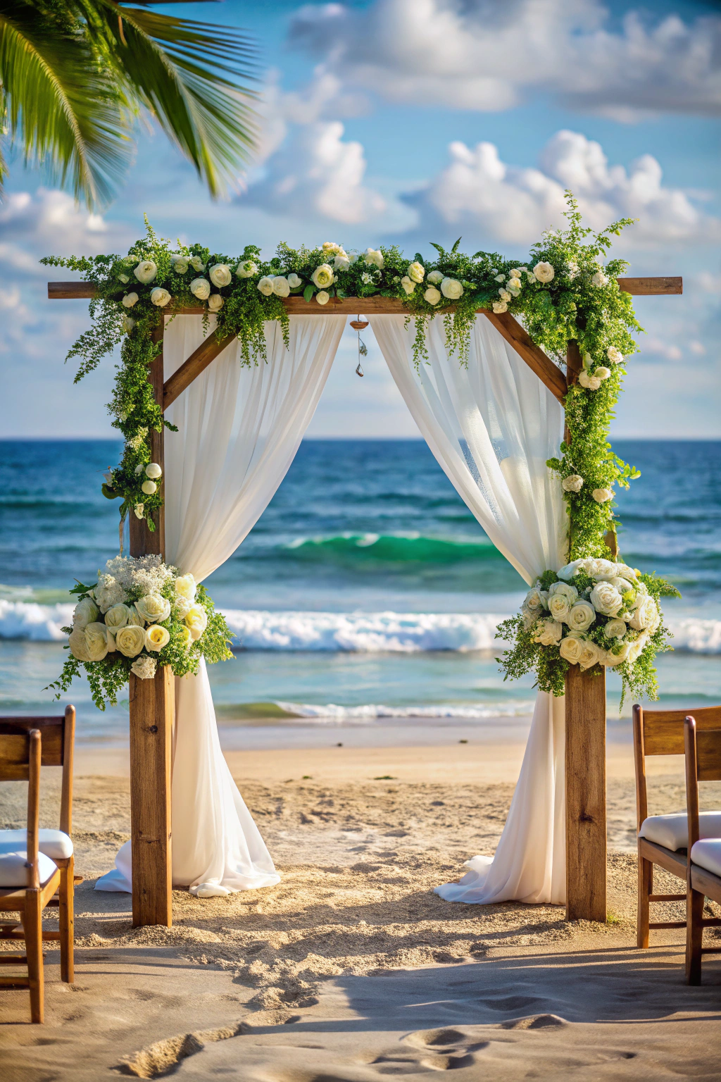 Beachside wedding arch with white flowers and drapery