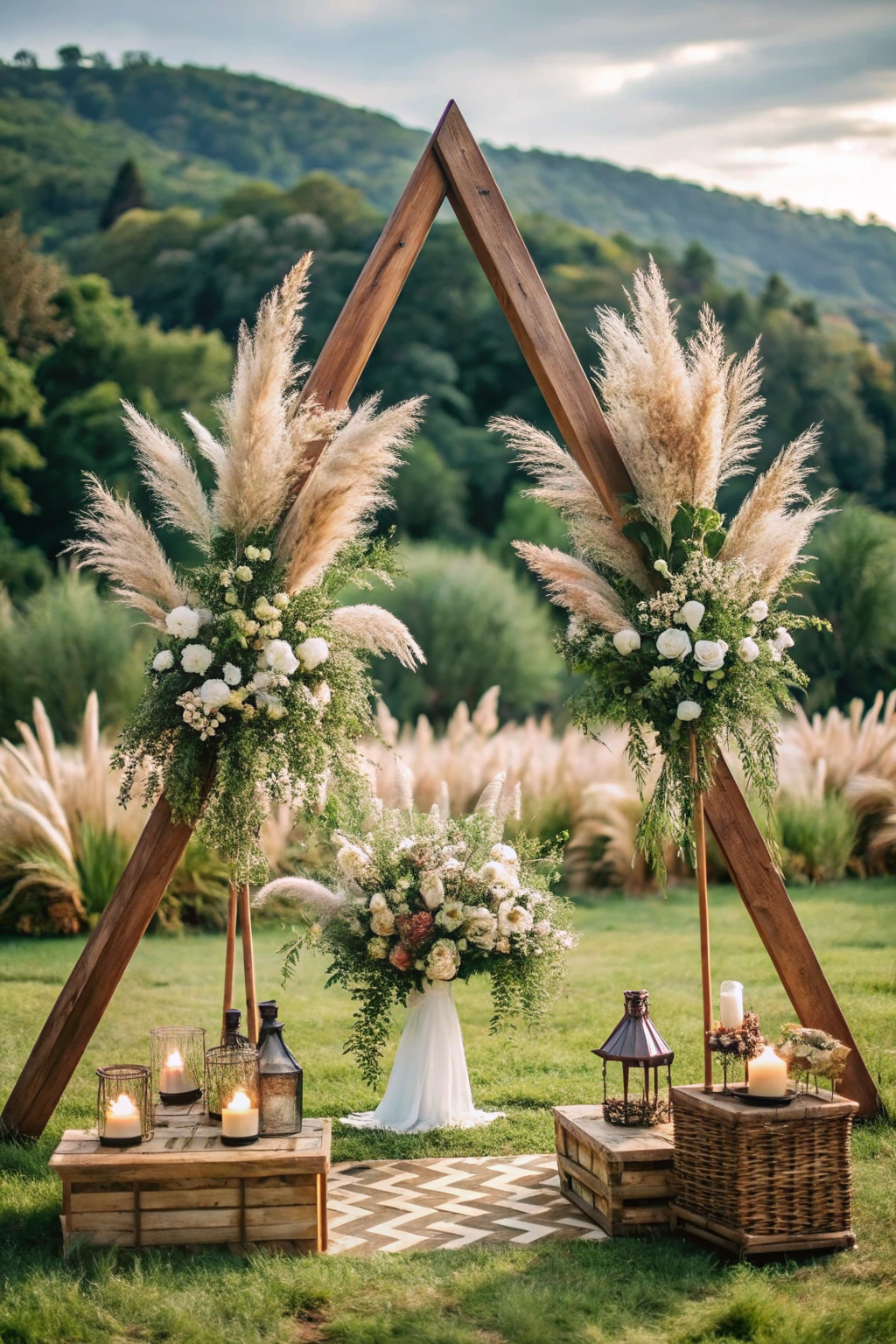 Wooden arch adorned with pampas grass and soft florals