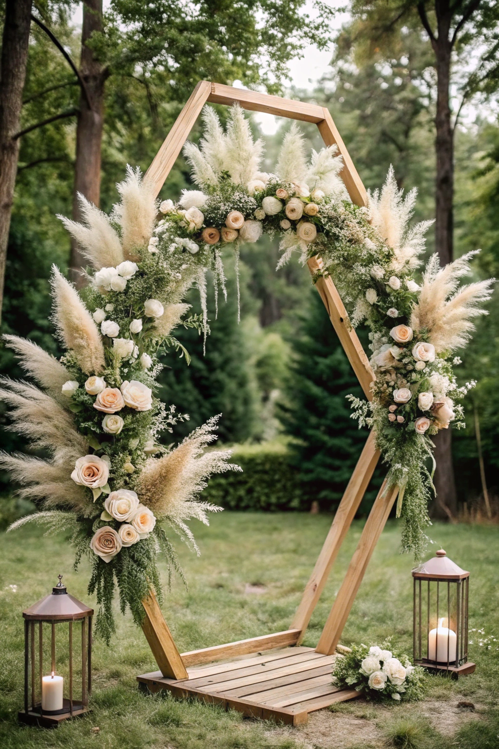 Hexagonal arch adorned with roses and pampas grass